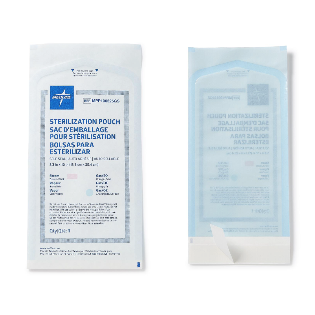 Two Medline Self-Seal Sterilization Pouches for Steam and Gas Only are shown: one displays the multilingual product info on the front, while the other shows the transparent back side of the pouch.